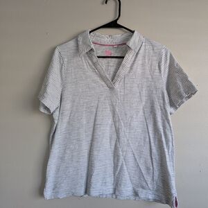 Boden Striped Collared V-Neck Tee Shirt Top White Navy Size M